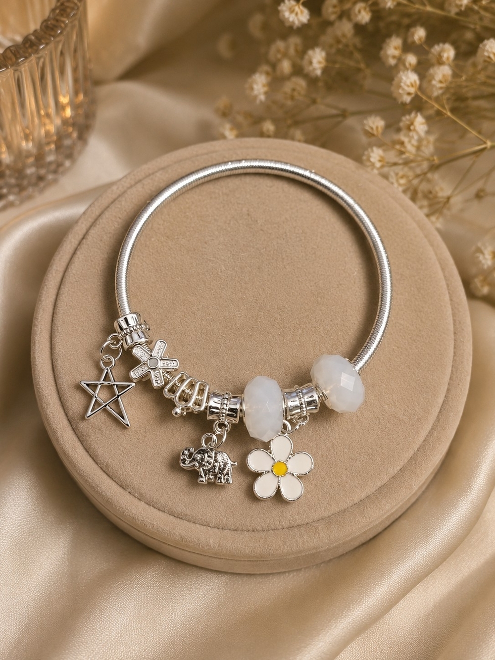 Silver Charm Bracelet with White Beads and Flower Charm